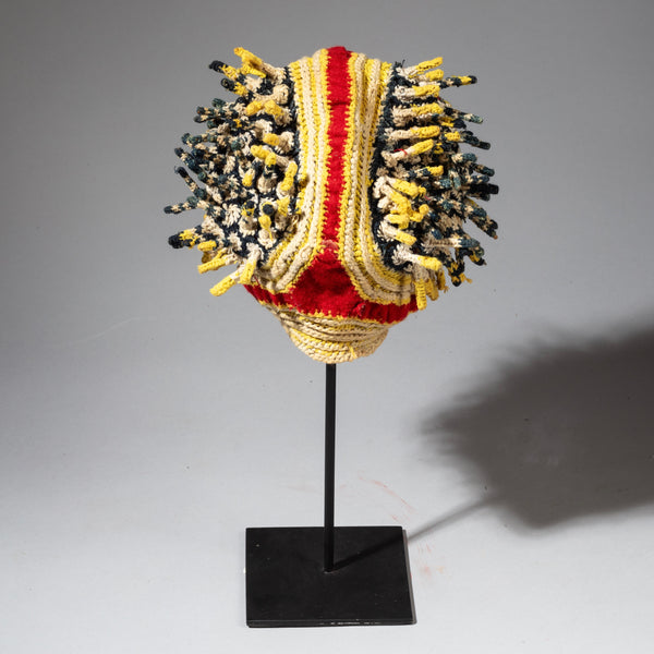 A RED BLUE, YELLOW +WHITE FINGERLING HAT FROM THE BAMILEKE TRIBE OF CAMEROON W.AFRICA( No 2316)