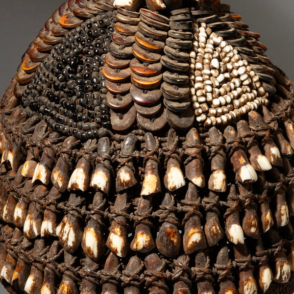 A VINTAGE BUTTON, SHELL DECORATED HAT, LEGA TRIBE, CONGO( No 4266 )