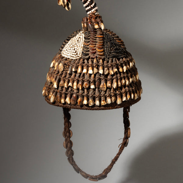 A VINTAGE BUTTON, SHELL DECORATED HAT, LEGA TRIBE, CONGO( No 4266 )