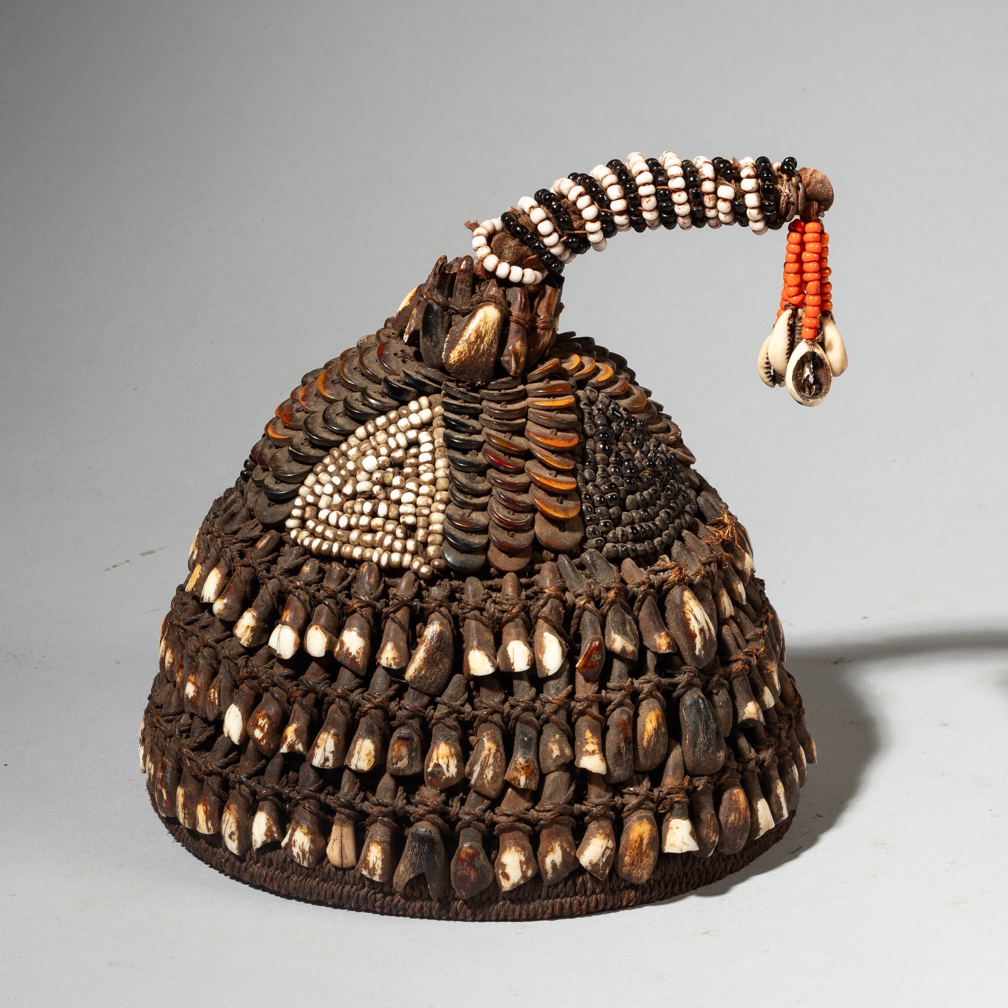 A VINTAGE BUTTON, SHELL DECORATED HAT, LEGA TRIBE, CONGO( No 4266 )