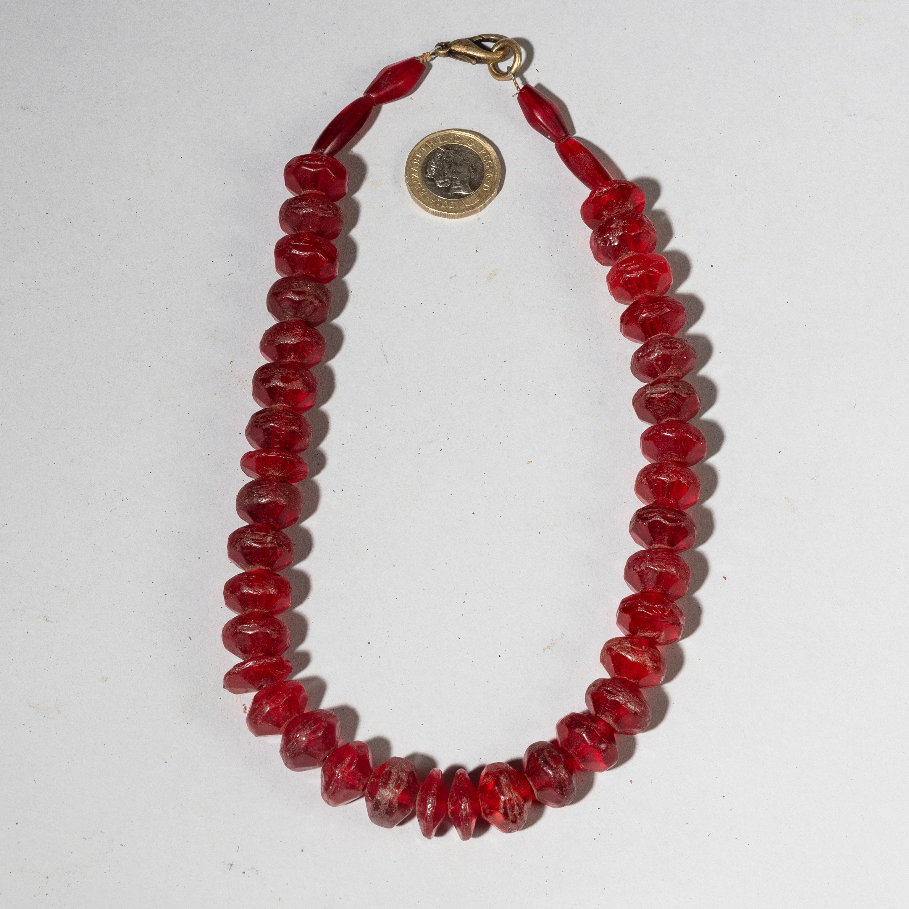 A VIBRANT STRING OF RED 1920s BOHEMIAN GLASS TRADE BEADS ( No 4288 )