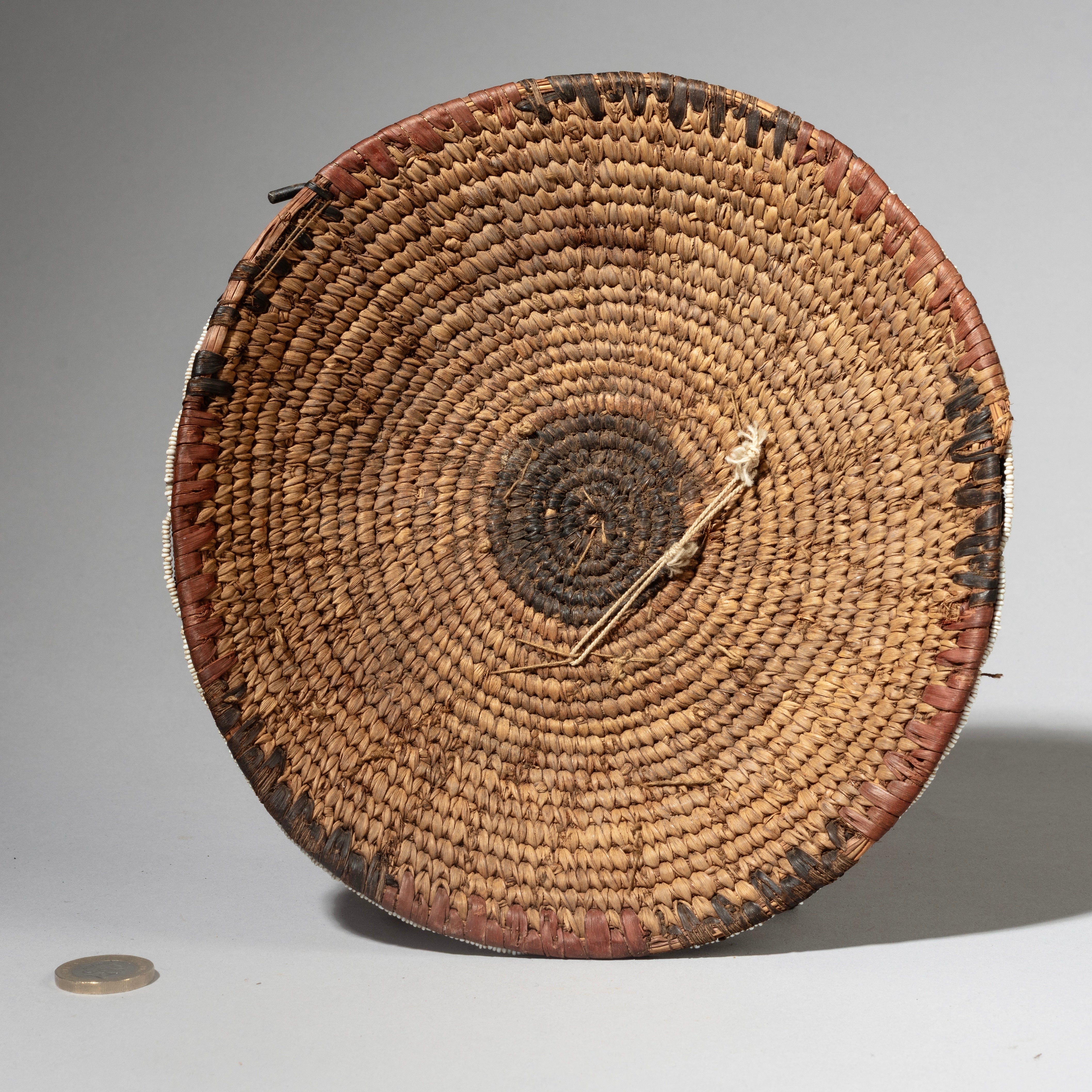 A WOVEN FIBRE+ GLASS BEAD BEAD POT LID FROM NIGERIA( No 4289 )