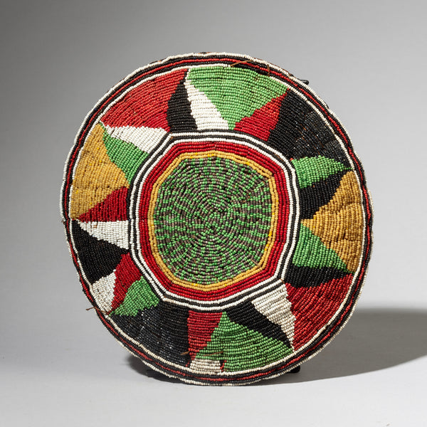 A WOVEN FIBRE+ GLASS BEAD BEAD POT LID FROM NIGERIA( No 4289 )