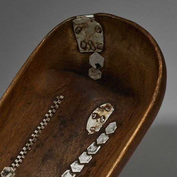 A GENEROUS WOODEN BOWL WITH ARTFUL METAL INDIGENOUS REPAIRS FROM THE TUTSI TRIBE OF RWANDA ( No 2743 )