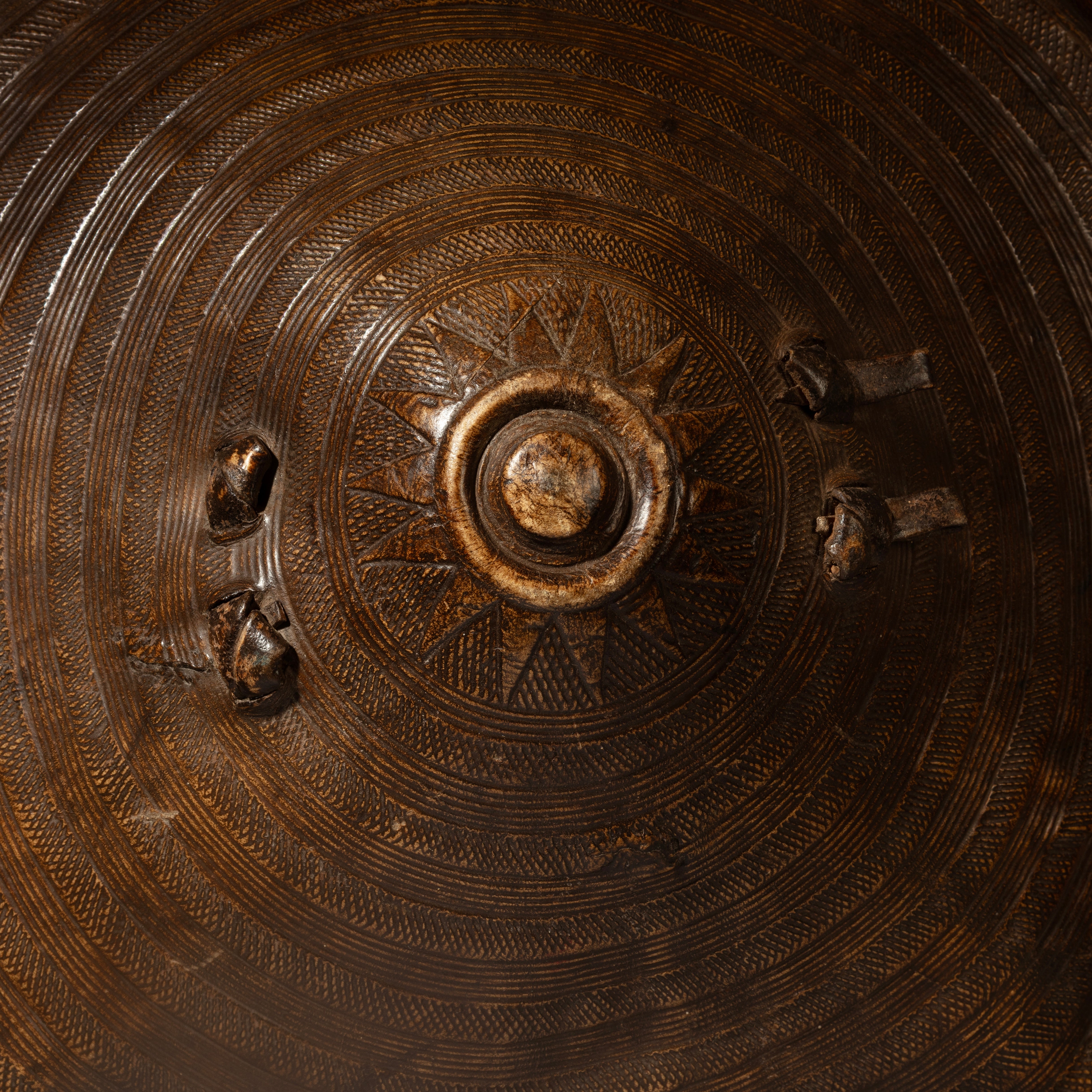 A WONDERFULLY DETAILED, 19THC EMBOSSED LEATHER SHIELD, FROM ETHIOPIA EAST AFRICA EX UK COLL. ( No 4374 )