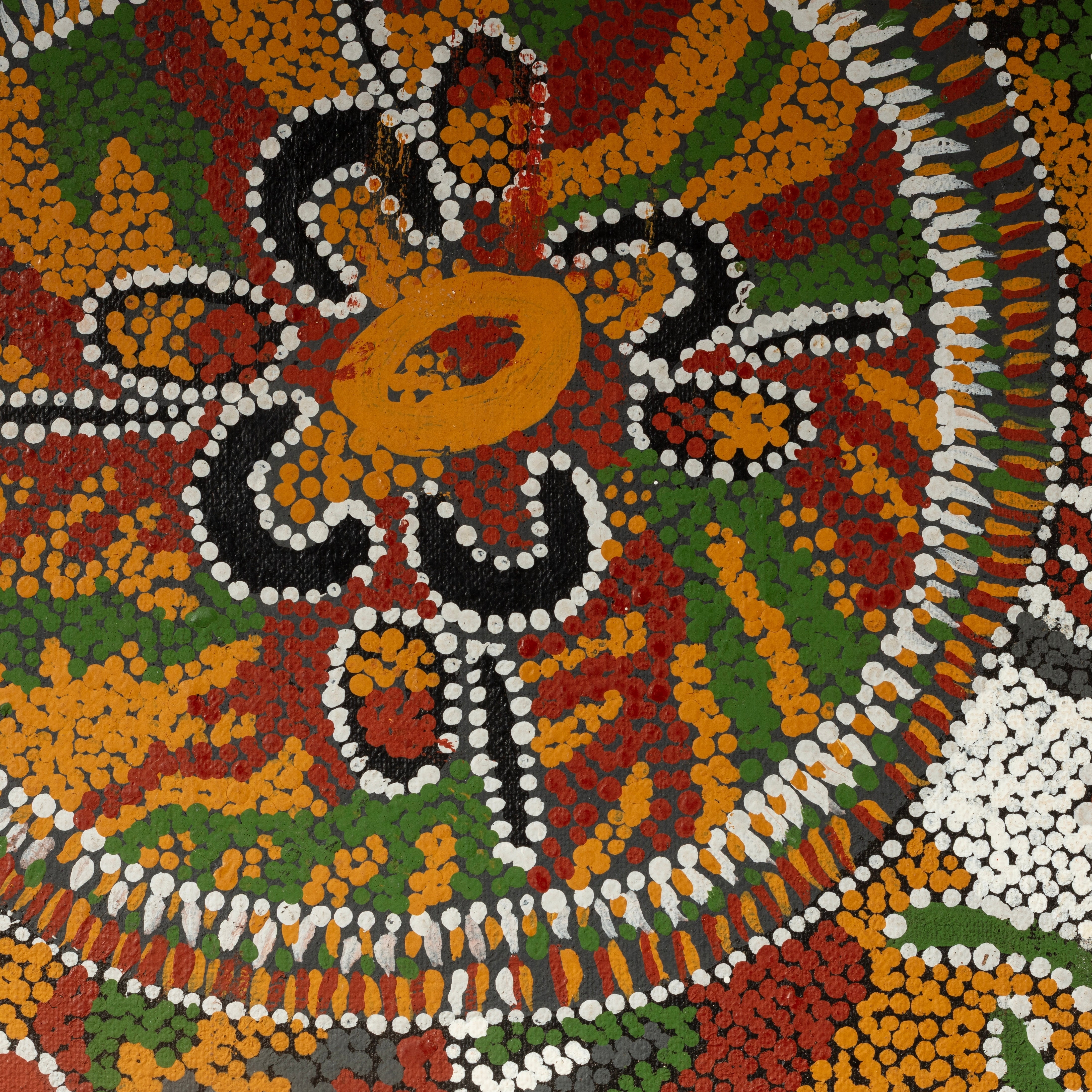 A VINTAGE DOT PAINTING FROM A KNOWN AUSTRALIAN ABORIGINAL ARTIST -JANGALA ( No 4349 )