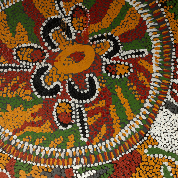A VINTAGE DOT PAINTING FROM A KNOWN AUSTRALIAN ABORIGINAL ARTIST -JANGALA ( No 4349 )