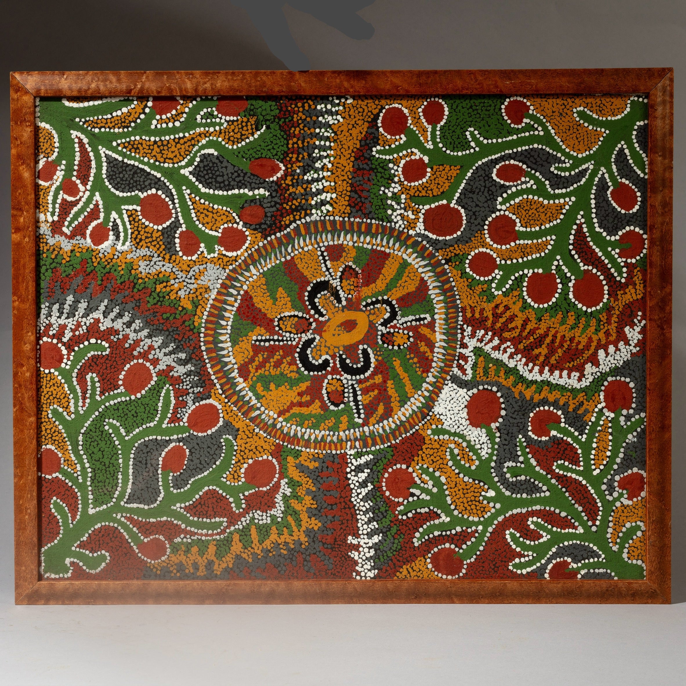 A VINTAGE DOT PAINTING FROM A KNOWN AUSTRALIAN ABORIGINAL ARTIST -JANGALA ( No 4349 )