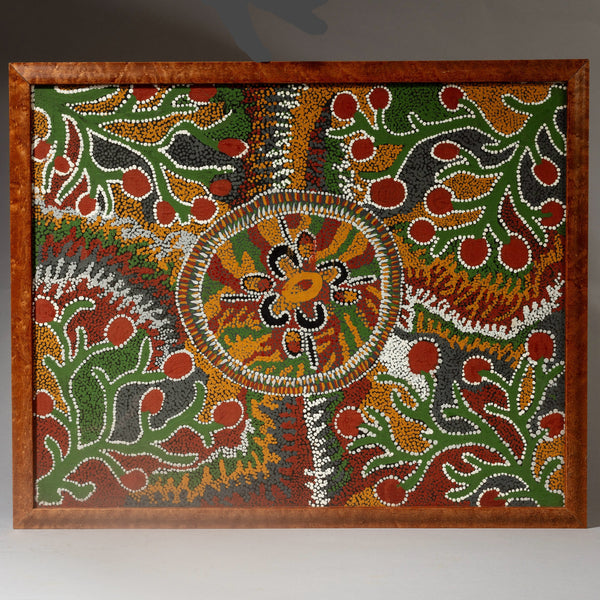 A VINTAGE DOT PAINTING FROM A KNOWN AUSTRALIAN ABORIGINAL ARTIST -JANGALA ( No 4349 )