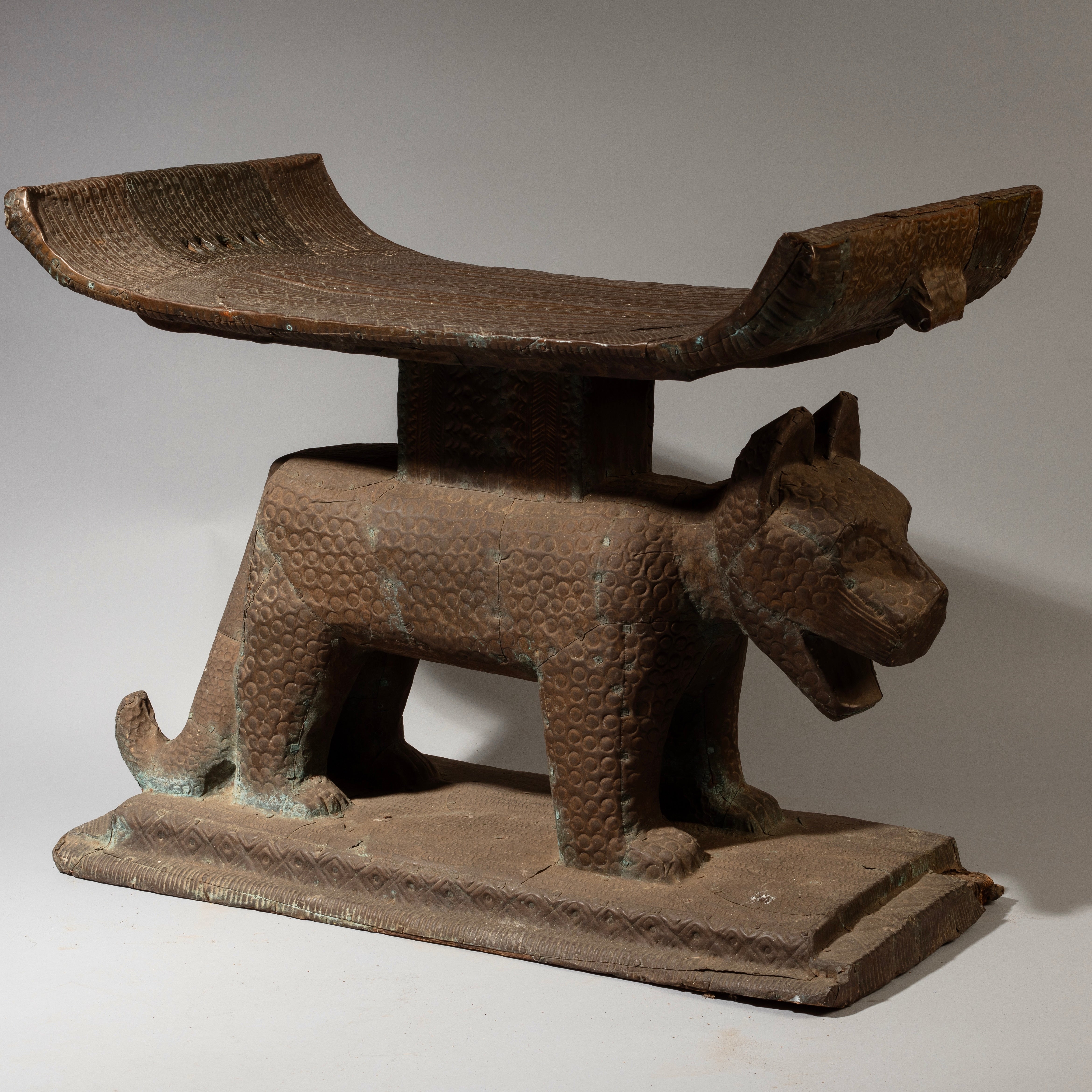 A GIANT EMBOSSED BRONZE COVERED LEOPARD STOOL, FON TRIBE OF BENIN, W.AFRICA( No 4642 )