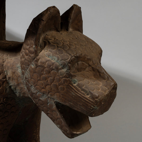 A GIANT EMBOSSED BRONZE COVERED LEOPARD STOOL, FON TRIBE OF BENIN, W.AFRICA( No 4642 )