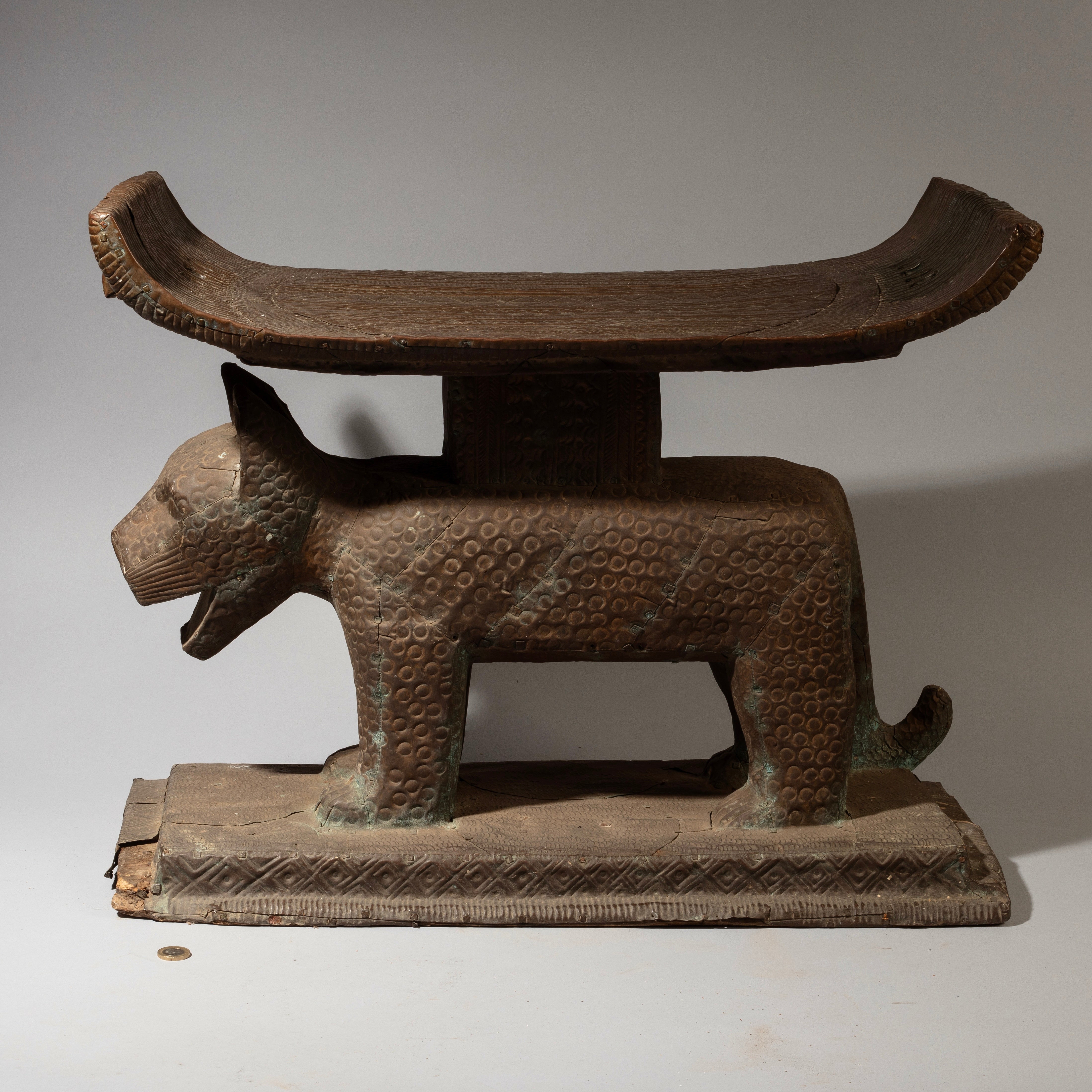 A GIANT EMBOSSED BRONZE COVERED LEOPARD STOOL, FON TRIBE OF BENIN, W.AFRICA( No 4642 )