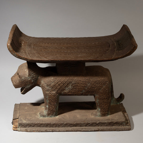 A GIANT EMBOSSED BRONZE COVERED LEOPARD STOOL, FON TRIBE OF BENIN, W.AFRICA( No 4642 )