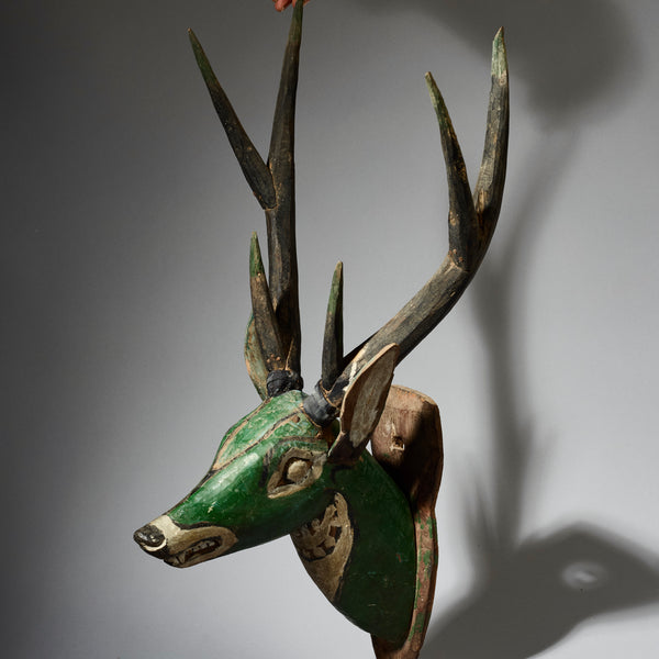 A LARGE GREEN DEER SCULPTURE FROM INDONESIA ‘’’’’’ NB ONLY FOR COLLECTION FROM LONDON OR OUR POP UP , NOT FOR POSTAGE  ( No 4680 )