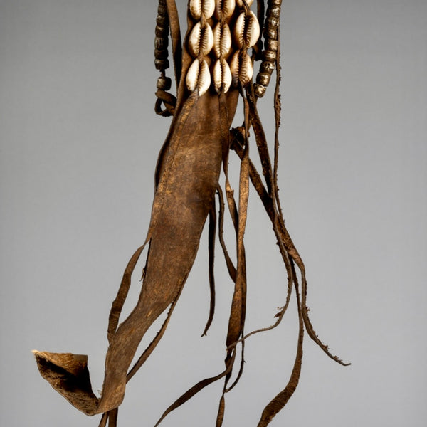 A LEATHER, RECYCLED METAL, COWRIE SHELL NECKLACE FROM KENYA ( No 1448 )