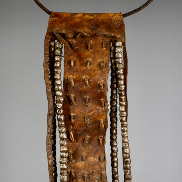 A LEATHER, RECYCLED METAL, COWRIE SHELL NECKLACE FROM KENYA ( No 1448 )