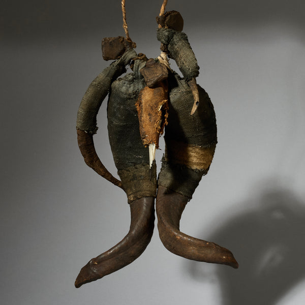 A GNARLY HORN FETISH +METAL CURRENCY FROM CAMEROON W.AFRICA ( No 5070)