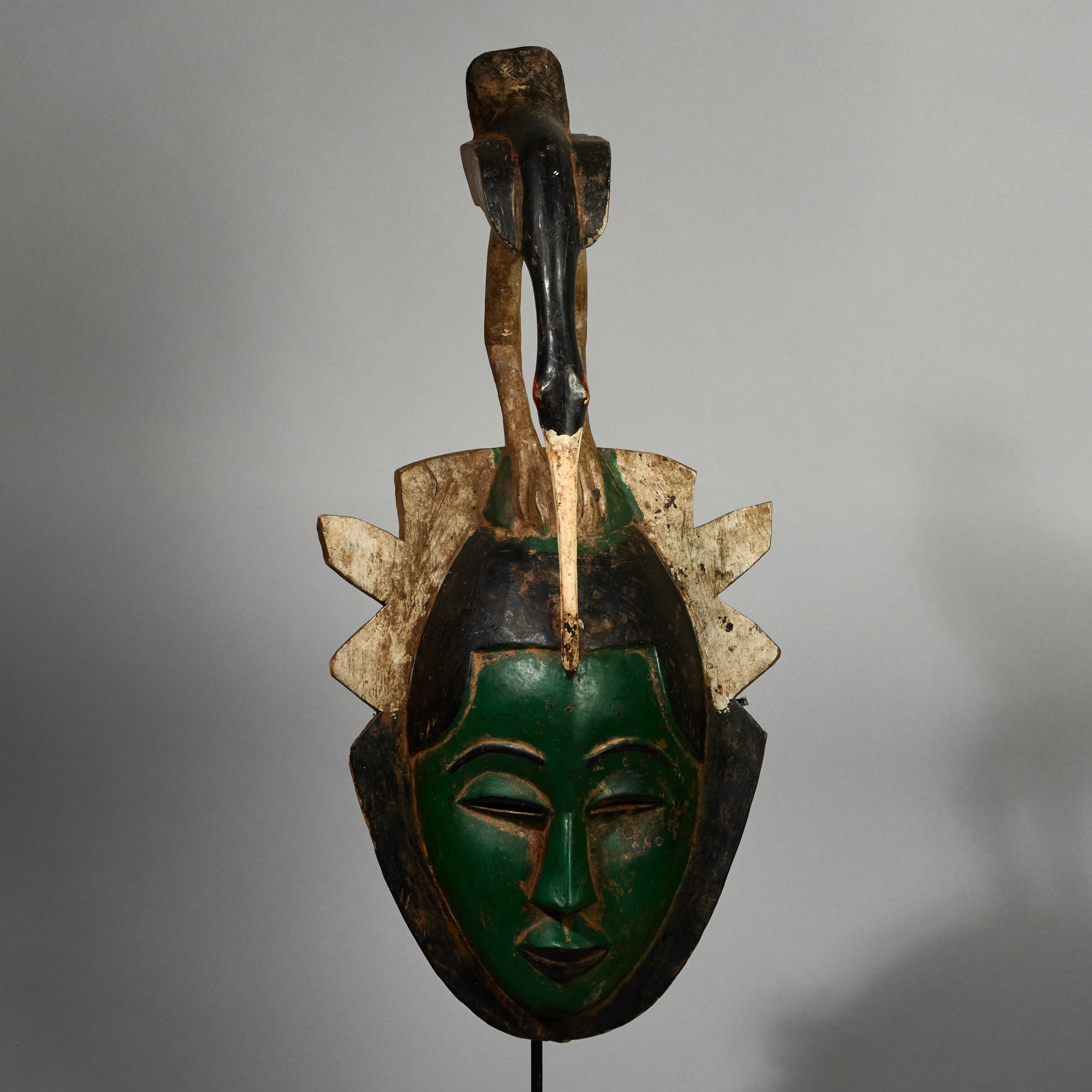 A GORGEOUS GREEN GURO MASK WITH BIRD,  FROM THE IVORY COAST W AFRICA ( No 5152)