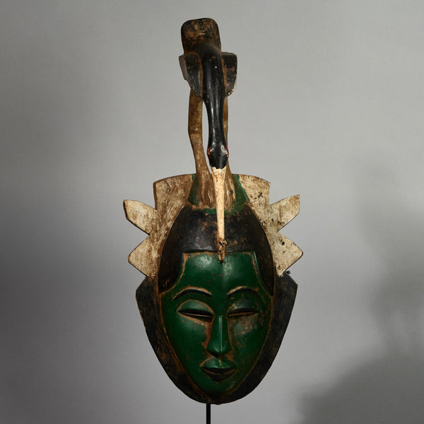 A GORGEOUS GREEN GURO MASK WITH BIRD,  FROM THE IVORY COAST W AFRICA ( No 5152)